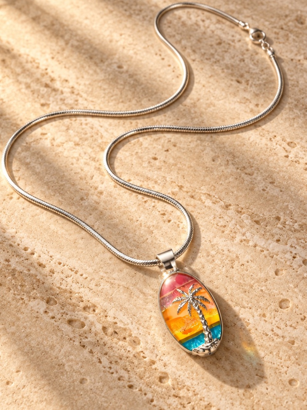 VTG Florida Beach Enamel Palm Tree Pendant | 22” 925 Sterling Silver Chain